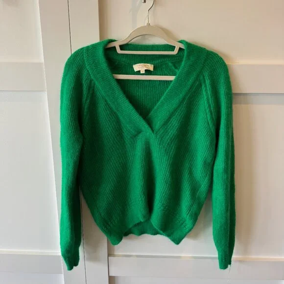 SEZANE Kelly Green Soft Alpaca Classic Preppy V Neck Sweater Cody Jumper XS - Picture 2 of 7